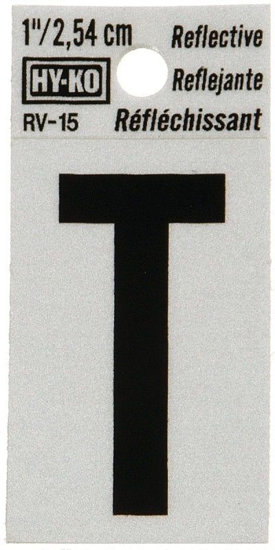 Hy-Ko RV-15 Series RV-15/T Self-Adhesive Reflective Letter, Character: T, 1 in H Character, Black Character, Vinyl