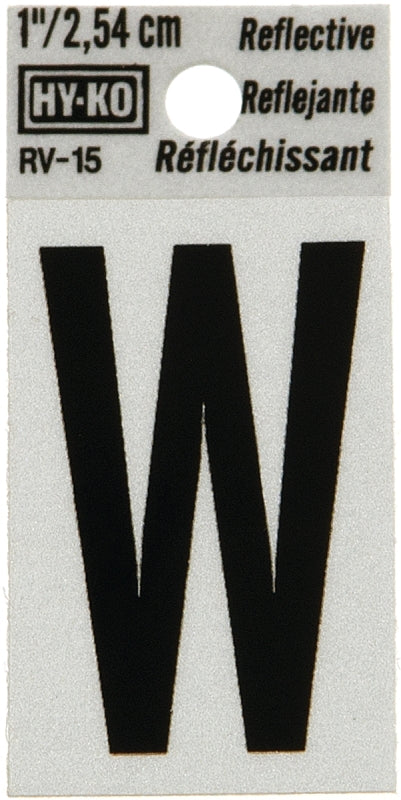 Hy-Ko RV-15 Series RV-15/W Self-Adhesive Reflective Letter, Character: W, 1 in H Character, Black Character, Vinyl