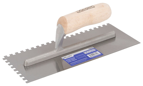 Vulcan 16110 Trowel, 4-1/2 in W Blade, Notched Blade, HCS Blade, Wood Handle, Camel Back Handle, 11 in OAL, Silver