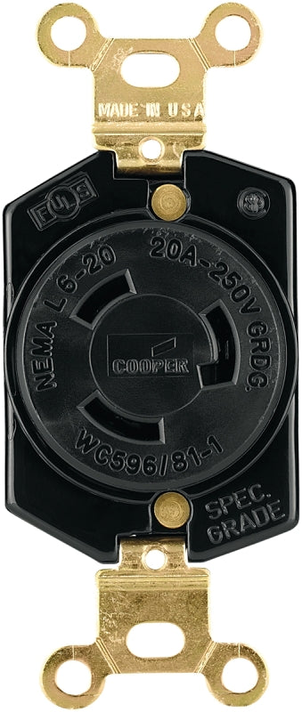 Arrow Hart L620R Single Receptacle, 2-Pole, 250 V, 20 A, Back Wiring, NEMA: NEMA L6-20, Black