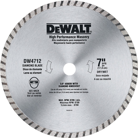 DEWALT DW4712 Circular Blade, 7 in Dia, 7/8 in Arbor, Diamond Cutting Edge, Segmented Rim