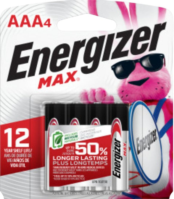 Energizer E92BP-4 Battery, 1.5 V Battery, 1250 mAh, AAA Battery, Alkaline, Manganese Dioxide, Zinc, 4/PK