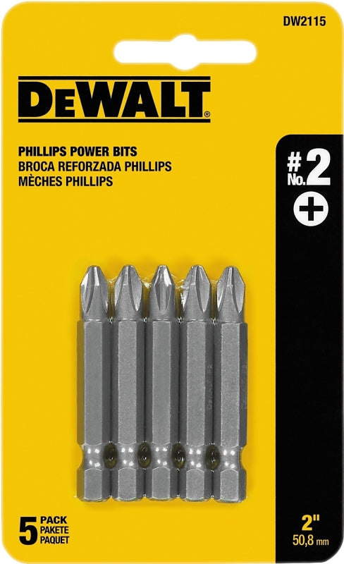 DEWALT DW2115 Power Bit, #2 Drive, Phillips Drive, 1/4 in Shank, Hex Shank, 2 in L, Tool Steel, 5/PK