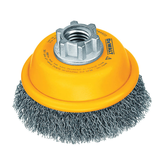 DEWALT DW4920 Wire Cup Brush, 3 in Dia, 5/8-11 Arbor/Shank, 0.014 in Dia Bristle, 13/16 in L Bristle Trim