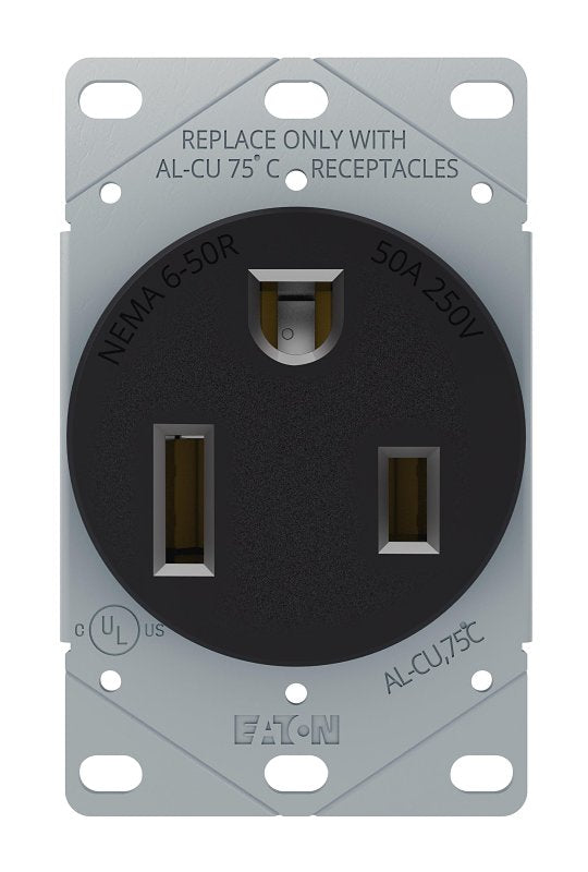 Arrow Hart AH1254BK-BOX Heavy-Duty Power Receptacle, 2 -Pole, 250 V, 50 A, Back Wiring, NEMA: NEMA 6-50R, Black