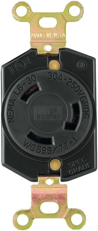 Arrow Hart L630R Single Receptacle, 2-Pole, 250 V, 30 A, Back Wiring, NEMA: NEMA L6-30, Black