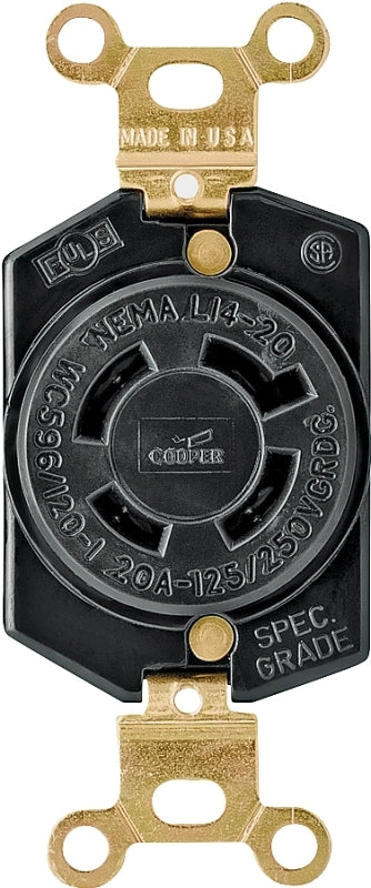 Arrow Hart L1420R Single Receptacle, Flush Mounting, 3-Pole, 125/250 V, 20 A, Back and Side Wiring, Black
