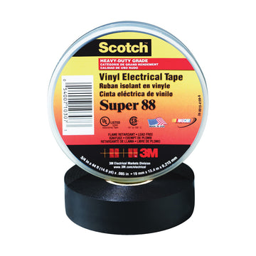 Scotch 88 Electrical Tape, 66 ft L, 3/4 in W, PVC Backing, Black, 73 deg F