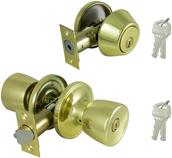 ProSource BS7B1-PS Deadbolt and Entry Lockset, Turn Button Lock, Knob Handle, Tulip Design, Polished Brass, 3 Grade
