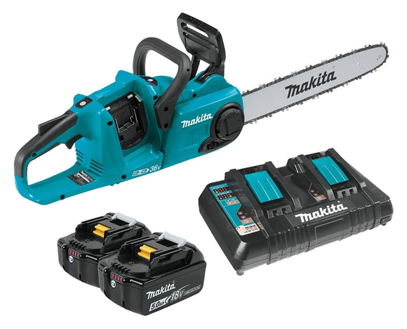 Makita XCU04PT Chainsaw Kit, Battery Included, 5 Ah, 18 V, Lithium-Ion, 16 in L Bar, 3/8 in Pitch, 90PX, 91PX Chain