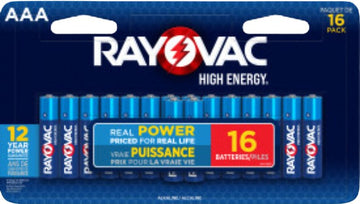 Rayovac 824-16LTK Battery, 1.5 V Battery, AAA Battery, Alkaline, Blue/Silver