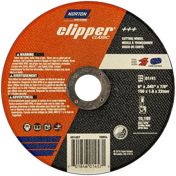 Norton Clipper Classic A AO Series 70184601457 Cut-Off Wheel, 6 in Dia, 0.045 in Thick, 7/8 in Arbor