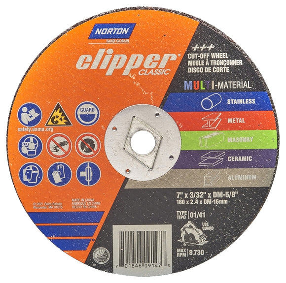 Norton Clipper Classic AC AO/SC Series 70184609147 Cut-Off Wheel, 7 in Dia, 3/32 in Thick, 5/8 in Arbor, 36 Grit