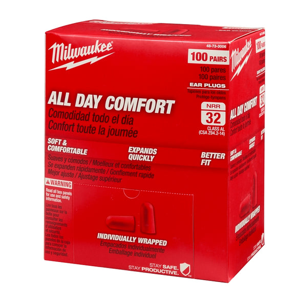 Milwaukee 48-73-3006 Ear Plugs, 32 dB NRR, Tapered, One-Size Ear Plug, Foam Ear Plug, Red Ear Plug