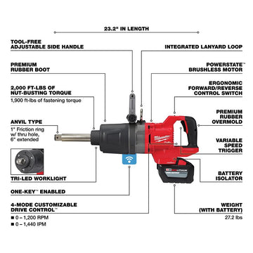 Milwaukee M18 FUEL 2869-22HD High-Torque Impact Wrench, Battery Included, 18 V, 12 Ah, 1 in Drive, 0 to 1440 ipm