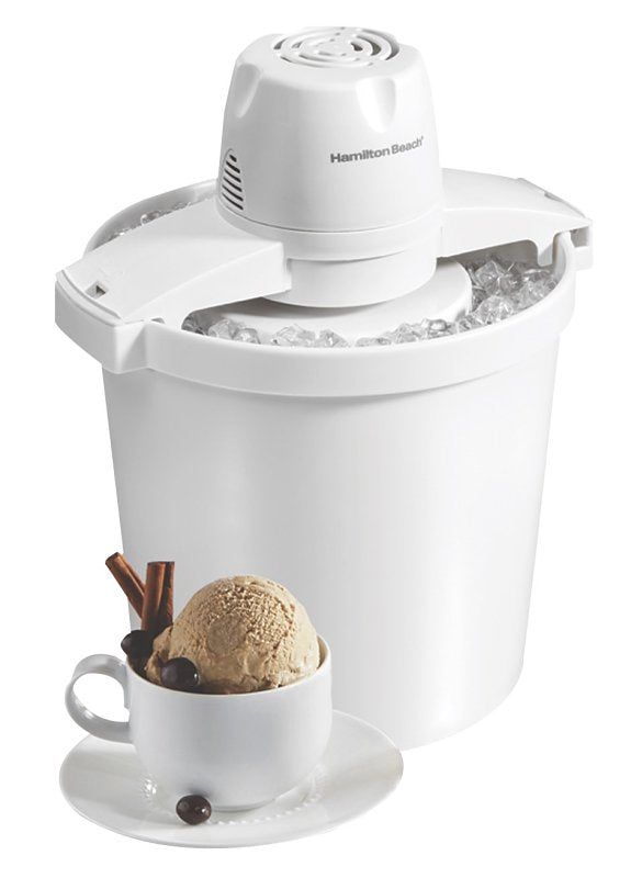 Hamilton Beach 68330N Ice Cream Maker, 4 qt, 80 W, On/Off Button Control, Thermoplastic Housing Material, White