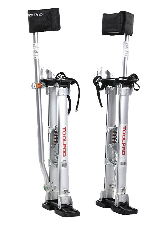Toolpro TP72440 Adjustable Stilts, 225 lb, 24 in Min H, 40 in Max H, Metal Strap, Aluminum