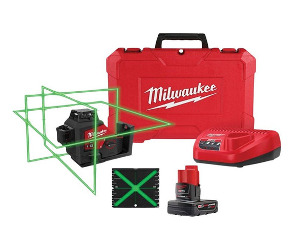 Milwaukee M12 Series 3632-21 3-Plane Laser Kit, 165 ft, +/- 1/8 in at 33 ft Accuracy, 3-Beam, Green Laser