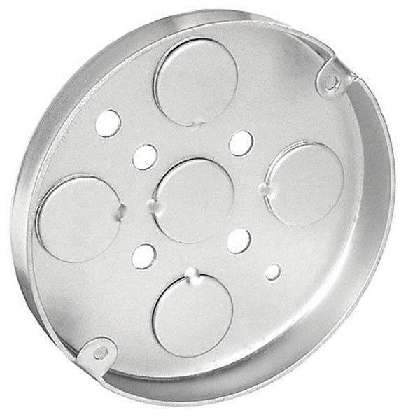 Southwire® 56111-UPC Flat Bottom Ceiling Pan Box, 4 in W, 1/2 in D, 2-Knockout, Steel, Silver, Galvanized