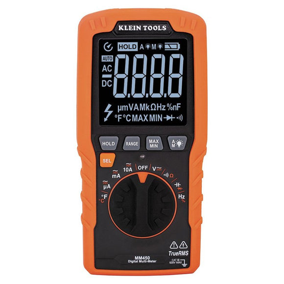 Klein Tools MM450 Digital Multimeter, 600 VAC/VDC, 10 A, 400 uF, 1 to 50 kHz, LCD Display, Black/Orange