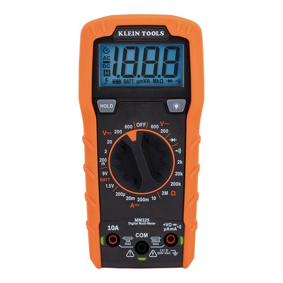 Klein Tools MM325 Digital Multimeter, 600 VAC/VDC, 10 A, LCD Display, Black/Orange