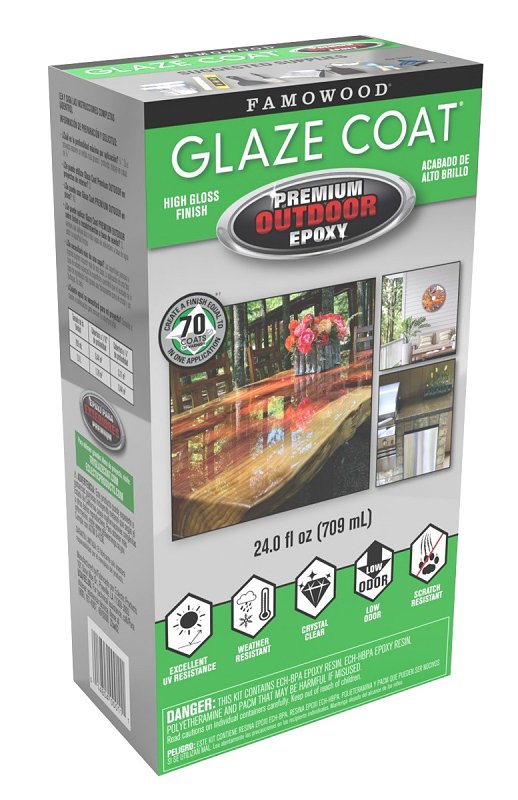 Famowood Glaze Coat 5054020 High-Build Outdoor Epoxy Coating, High-Gloss, Clear, 24 fl-oz