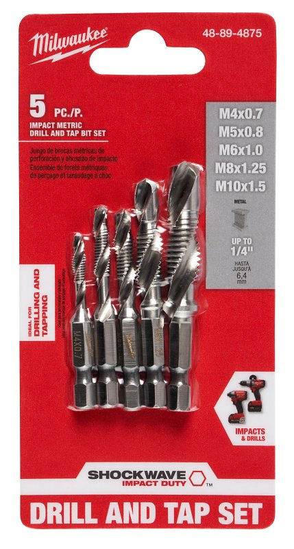 Milwaukee 48-89-4875 Drill and Tap Bit Set, 5-Piece, Steel, Silver, Specifications: 1/4 in Shank