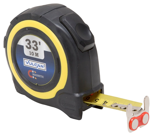 Vulcan 58-10X25-A Tape Measure, 33 ft L Blade, 1 in W Blade, Steel Blade, ABS Case, Yellow Case