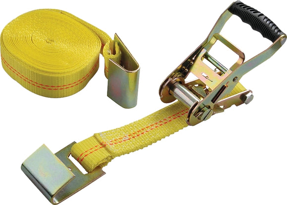 ProSource FH64065 Tie-Down, 2 in W, 27 ft L, Metal/Polyester, Yellow, 3333 lb, Flat Hook End Fitting, Steel End Fitting