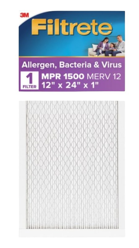 Filtrete 2020-4 Air Filter, 24 in L, 12 in W, 12 MERV, 1500 MPR, For: Air Conditioner, Furnace and HVAC System