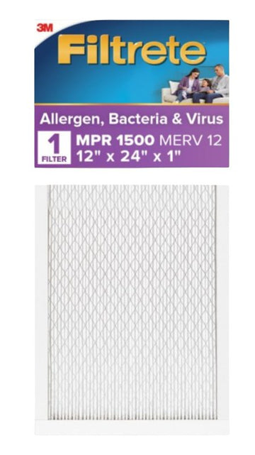 Filtrete 2020-4 Air Filter, 24 in L, 12 in W, 12 MERV, 1500 MPR, For: Air Conditioner, Furnace and HVAC System