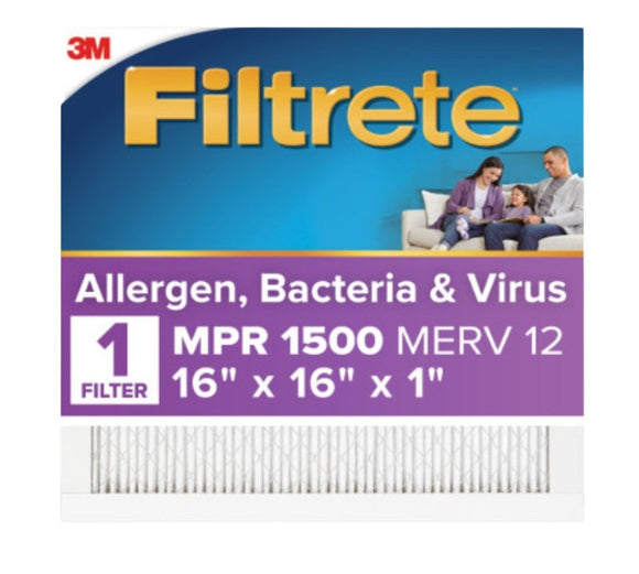 Filtrete 2016DC-4 Air Filter, 16 in L, 16 in W, 12 MERV, 1500 MPR, Synthetic Frame