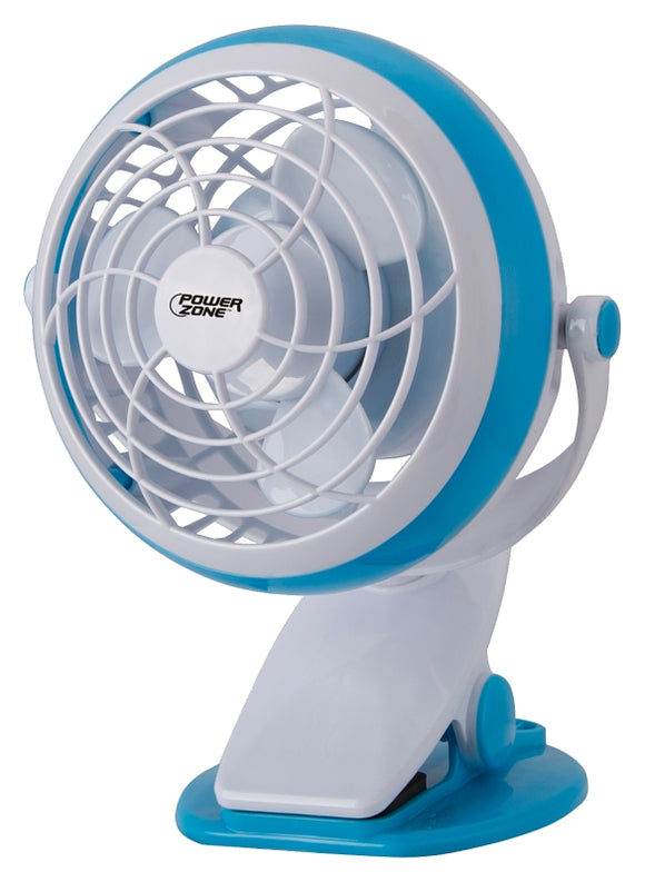 PowerZone QT-U409-D Desk and Clip-On Fan, 5 VDC, 4 in Dia Blade, 3-Blade, 1-Speed, 48 in L Cord, White/Blue/Green