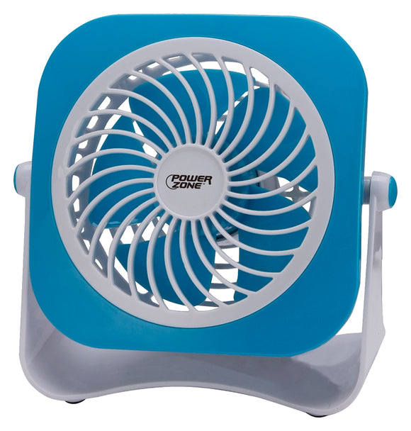 PowerZone QT-U403B Tabletop Fan, 5 VDC, 4 in Dia Blade, 5-Blade, 2-Speed, 48 in L Cord, White/Blue/Red