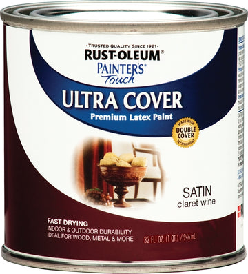 Rust-Oleum 240286 Enamel Paint, Water Base, Satin Sheen, Claret Wine, 1 qt, Can, 120 sq-ft Coverage Area