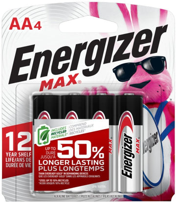 Energizer E91 Series E91BP-4 Battery, 1.5 V Battery, 2850 mAh, AA Battery, Alkaline, Manganese Dioxide, Zinc, Silver