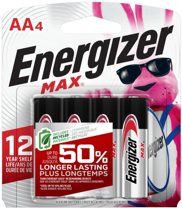 Energizer E91 Series E91BP-4 Battery, 1.5 V Battery, 2850 mAh, AA Battery, Alkaline, Manganese Dioxide, Zinc, Silver