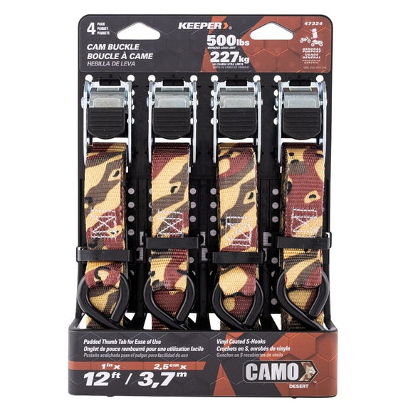 Keeper 47324 Tie-Down Strap, 1 in W, 12 ft L, Camo, 500 lb Working Load, S-Hook End