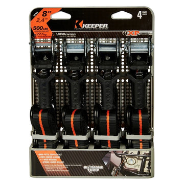 Keeper 45766 Tie-Down, Ratchet Adjustment, 1 in W, 8 ft L, 500 lb Working Load, S-Hook End, 4/PK