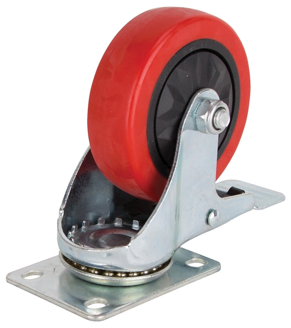 ProSource JC-387-G Swivel Caster with Brake, 4 in Dia Wheel, 30 mm W Wheel, Polyurethane Wheel, Red, 220 lb