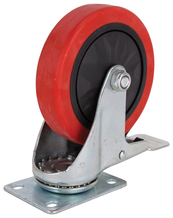 ProSource JC-388-G Swivel Caster with Brake, 5 in Dia Wheel, 30 mm W Wheel, Polyurethane Wheel, Red, 275 lb