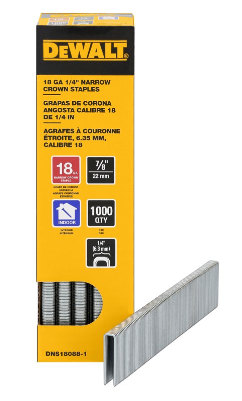DEWALT DNS18088-1 Narrow Crown Staple, 1/4 in W Crown, 7/8 in L Leg, 18 ga, Galvanized